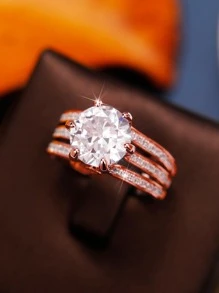 1枚时尚立方氧化锆戒指，女士结婚/订婚首饰，情人节礼物 - 玫瑰金 - 查看 6