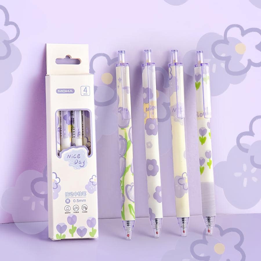 4 Chiếc Bút Gel Hoa Lãng Mạn Bộ In Hoa Đáng Yêu 0.5Mm Bi Mực Màu Đen Để Viết - Màu tím - Xem 1