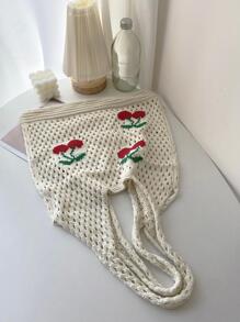 櫻桃圖案鏤空設計鉤針編織袋適用於度假 - 米色 - 查看 2