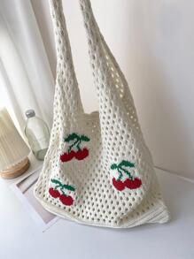 櫻桃圖案鏤空設計鉤針編織袋適用於度假 - 米色 - 查看 6