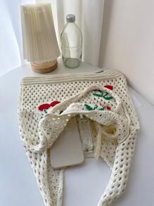 櫻桃圖案鏤空設計鉤針編織袋適用於度假 - 米色 - 查看 7