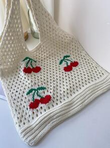 櫻桃圖案鏤空設計鉤針編織袋適用於度假 - 米色 - 查看 3
