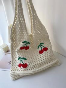 櫻桃圖案鏤空設計鉤針編織袋適用於度假 - 米色 - 查看 5