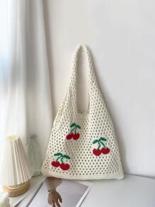 櫻桃圖案鏤空設計鉤針編織袋適用於度假 - 米色 - 查看 1