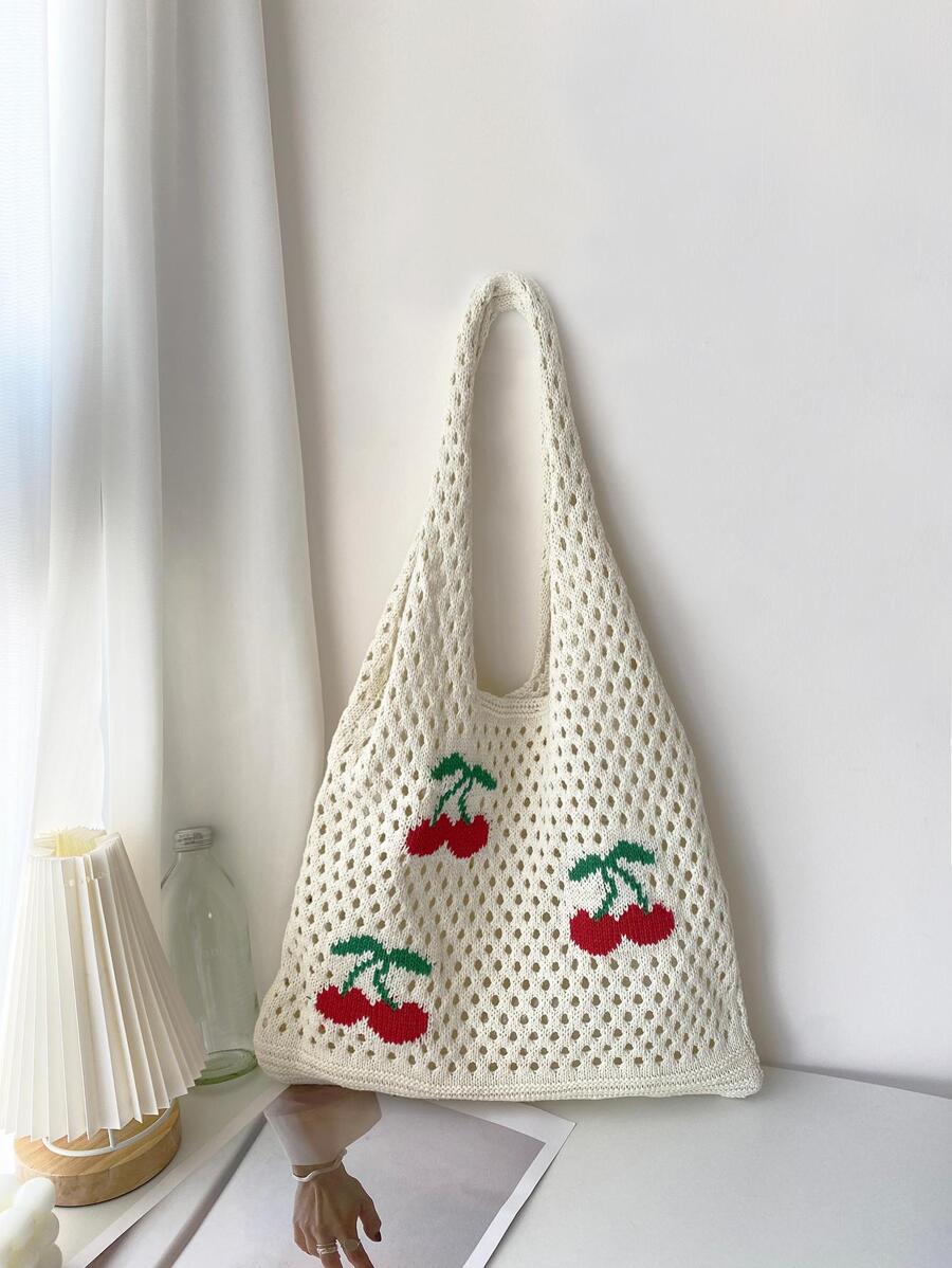 櫻桃圖案鏤空設計鉤針編織袋適用於度假 - 米色 - 查看 1