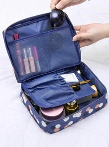 多功能化妝包,戶外旅行組織化妝品收納盒,有隔層設計,點陣圖案 - 藏蓝色 - 查看 2