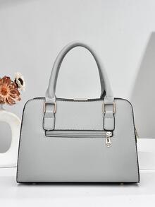 字母裝飾方包附包飾荔枝紋壓花 - 灰色 - 查看 8