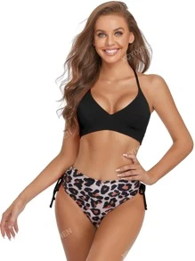 Conjunto de bikini atlético con estampado de leopardo y cordón lateral de verano