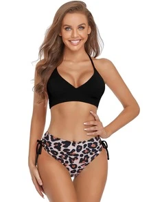 Conjunto de bikini atlético con estampado de leopardo y cordón lateral de verano - Negro - Ver 6