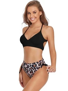 Conjunto de bikini atlético con estampado de leopardo y cordón lateral de verano - Negro - Ver 1
