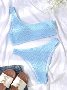 Solid One Shoulder Bikini Set, Vacation Bikini, Summer Beach - Mint Blue - View 1