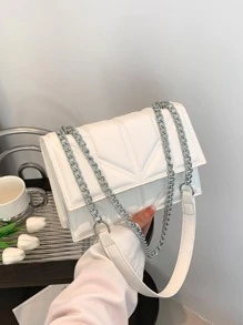 壓花細節翻蓋方包白色PU皮革極簡 - 白色 - 查看 8