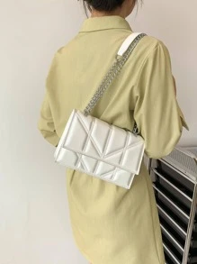 壓花細節翻蓋方包白色PU皮革極簡 - 白色 - 查看 5