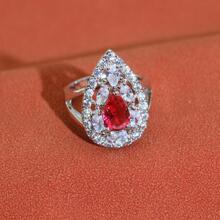 4pcs Delicate Water Drop Design Inlaid Ring, Pendant And Necklace Set For Wedding - Hot Pink - View 3