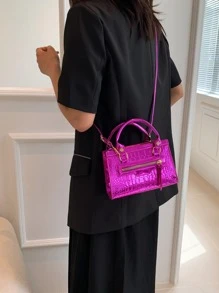 Bolsa cuadrada mini de color metálico con cocodrilo en relieve miedoso - Rosa Fucsia - Ver 5