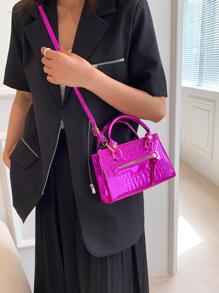 Bolsa cuadrada mini de color metálico con cocodrilo en relieve miedoso - Rosa Fucsia - Ver 4