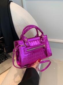 Bolsa cuadrada mini de color metálico con cocodrilo en relieve miedoso - Rosa Fucsia - Ver 6