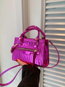 Bolsa cuadrada mini de color metálico con cocodrilo en relieve miedoso - Rosa Fucsia - Ver 7