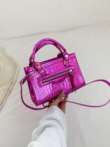 Bolsa cuadrada mini de color metálico con cocodrilo en relieve miedoso - Rosa Fucsia - Ver 8