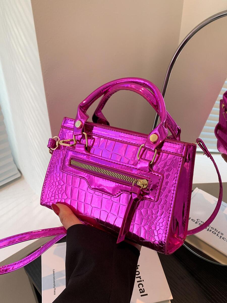 Bolsa cuadrada mini de color metálico con cocodrilo en relieve miedoso - Rosa Fucsia - Ver 1