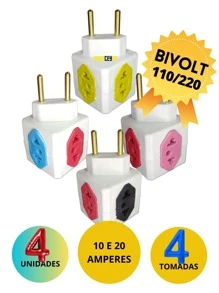 4 Adaptador de tomadas Cubo 4 Tomada MULTICOLORIDO Bejamin Eletrico NR-01-X4 - Multicolorido - Visão 1