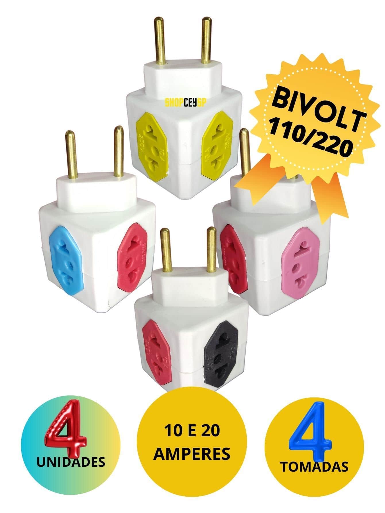4 Adaptador de tomadas Cubo 4 Tomada MULTICOLORIDO Bejamin Eletrico NR-01-X4 - Multicolorido - Visão 1