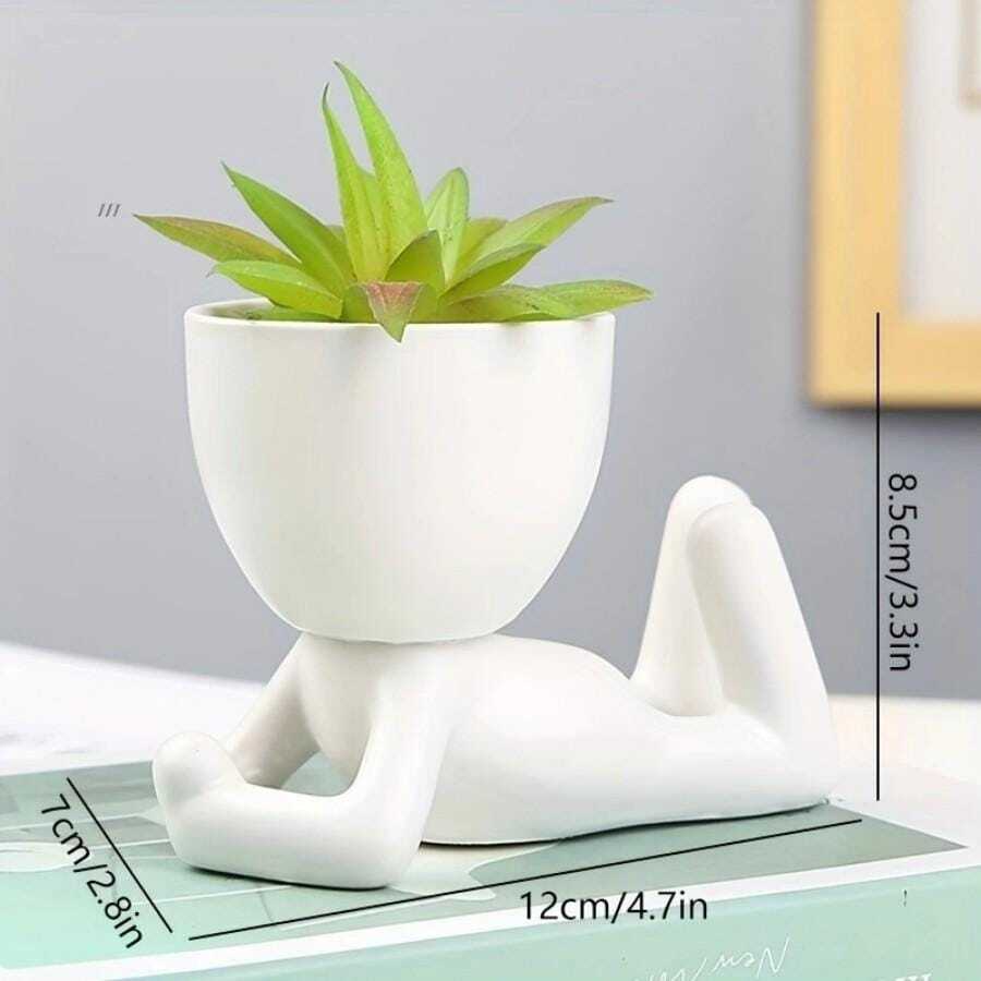1入組陶瓷製品植物創意人物設計花盆適用於家庭 - 白色 - 查看 1
