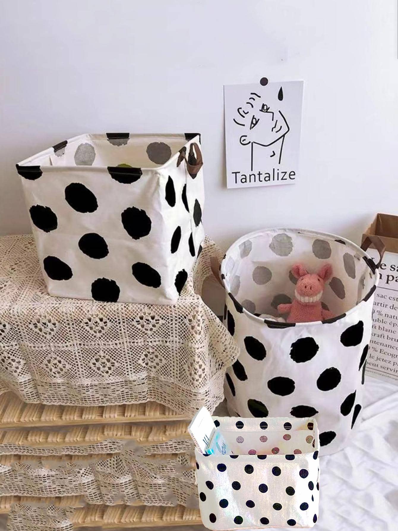 1入組波點圖案洗衣籃 - 黑與白 - 查看 1