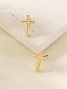 Cross Decor Stud Earrings - Yellow Gold - View 4