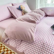 1set New Plaid Solid Color Double Spelling Bed Sheet Set, Home Comforter, Student Dormitory - Violet Purple - View 3