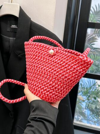 人造珍珠裝飾草編包適用於度假