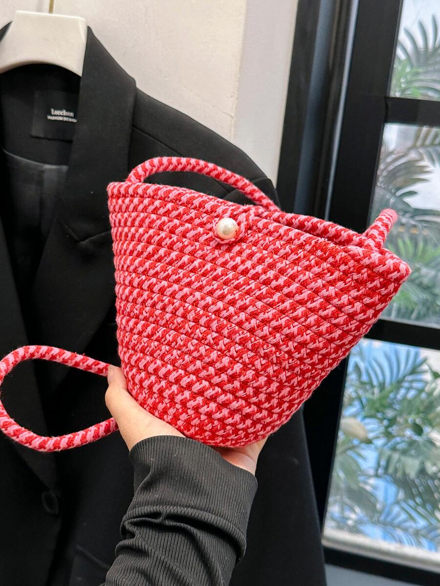 Faux Pearl Decor Straw Bag For Vacation - Hot Pink - View 1