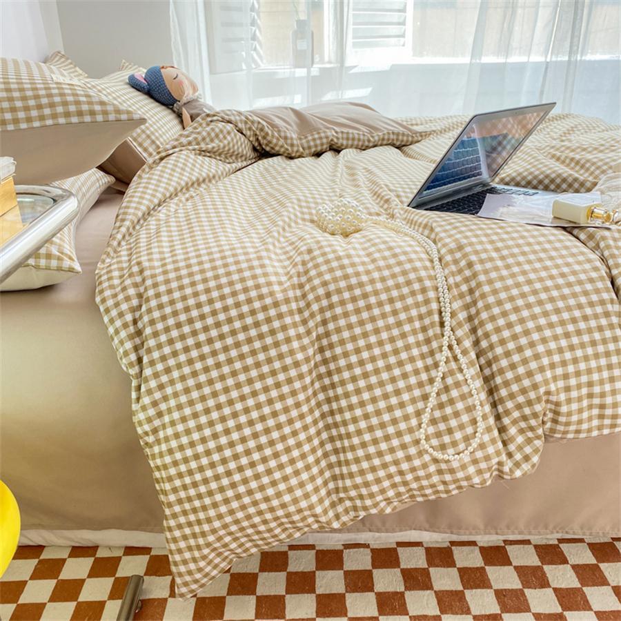 1 Set New Plaid Solid Color Double Spelling Bed Sheet Set, Home Comforter, Student Dormitory - Beige - View 1