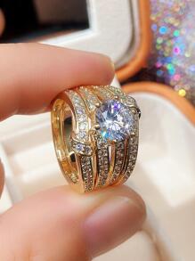 Bộ 3 nhẫn đá Cubic Zirconia tinh tế, quà tặng trang sức cưới, đính hôn, kỷ niệm cho nữ, quà tặng Ngày của Mẹ cho mẹ. - Vàng - Xem 5