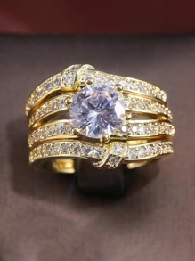 Bộ 3 nhẫn đá Cubic Zirconia tinh tế, quà tặng trang sức cưới, đính hôn, kỷ niệm cho nữ, quà tặng Ngày của Mẹ cho mẹ. - Vàng - Xem 4