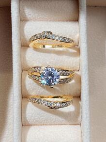 Bộ 3 nhẫn đá Cubic Zirconia tinh tế, quà tặng trang sức cưới, đính hôn, kỷ niệm cho nữ, quà tặng Ngày của Mẹ cho mẹ. - Vàng - Xem 1
