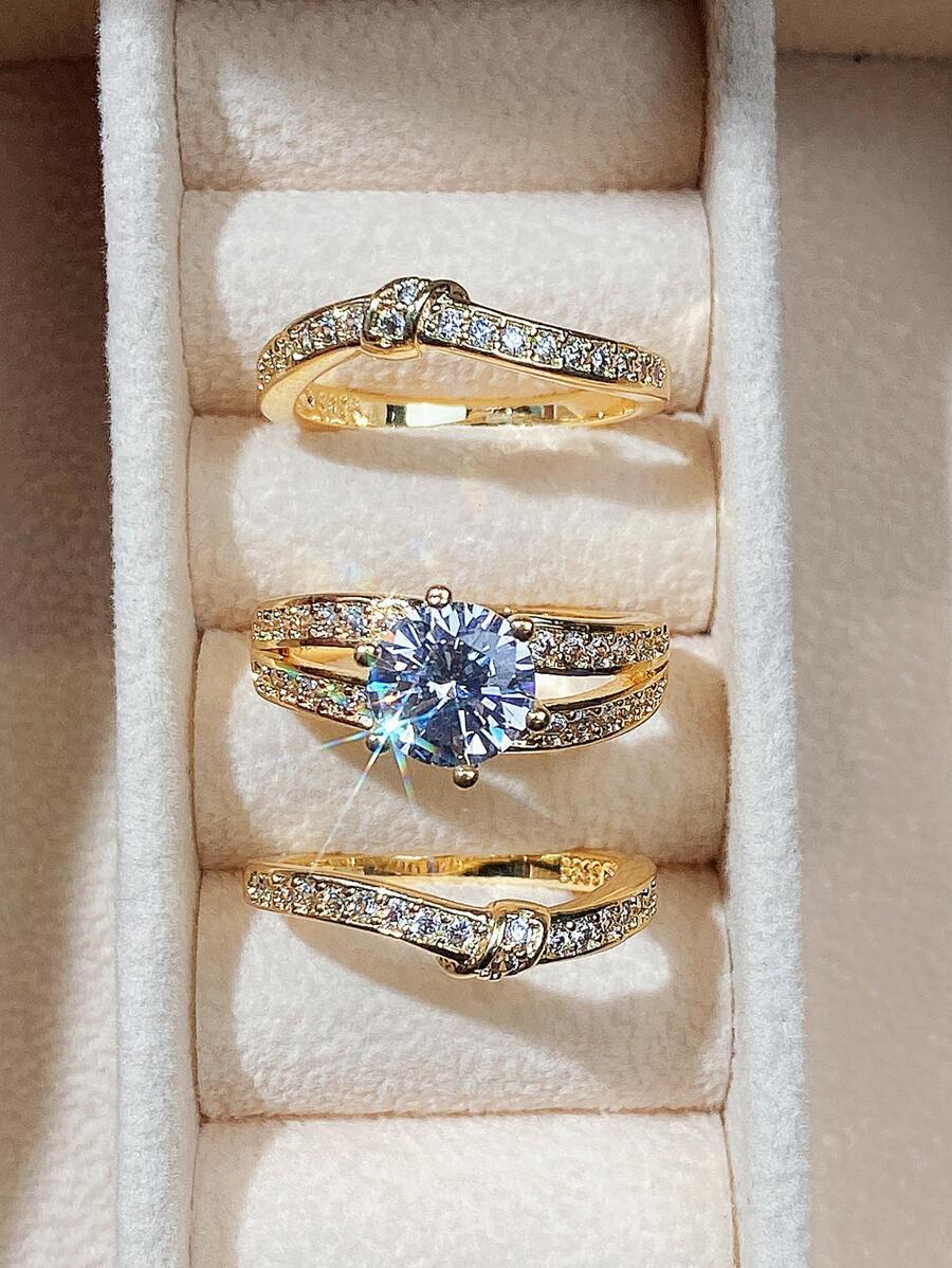 Bộ 3 nhẫn đá Cubic Zirconia tinh tế, quà tặng trang sức cưới, đính hôn, kỷ niệm cho nữ, quà tặng Ngày của Mẹ cho mẹ. - Vàng - Xem 1