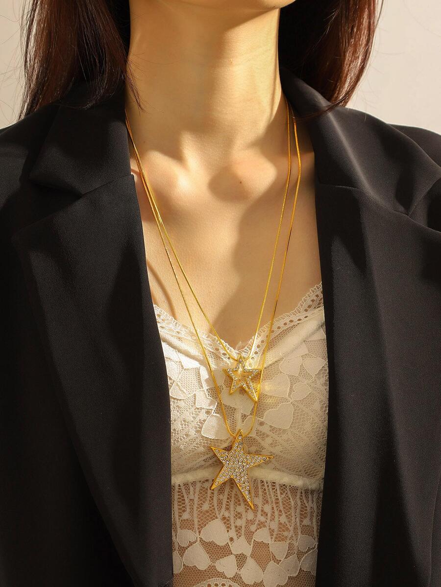 水鑽星形墜飾多層次項鍊 - 金黃色 - 查看 1