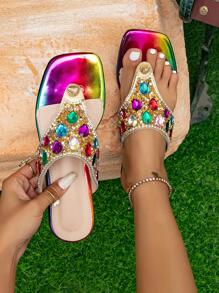 Women Rhinestone Decor Toe Post Design Thong Sandals, Glamorous Summer Flat Sandals - Multicolor - View 1