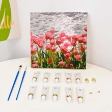 1 套数字油画 DIY 按数字填色风景画手工艺术装饰缓解压力礼物 [包括 2 支画笔] - 玫瑰紅 - 查看 2