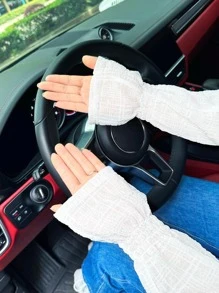 Sun Protective Anti UV White Textured Flounce Cuff Sun Protection Cycling Arm Sleeves - White - View 3