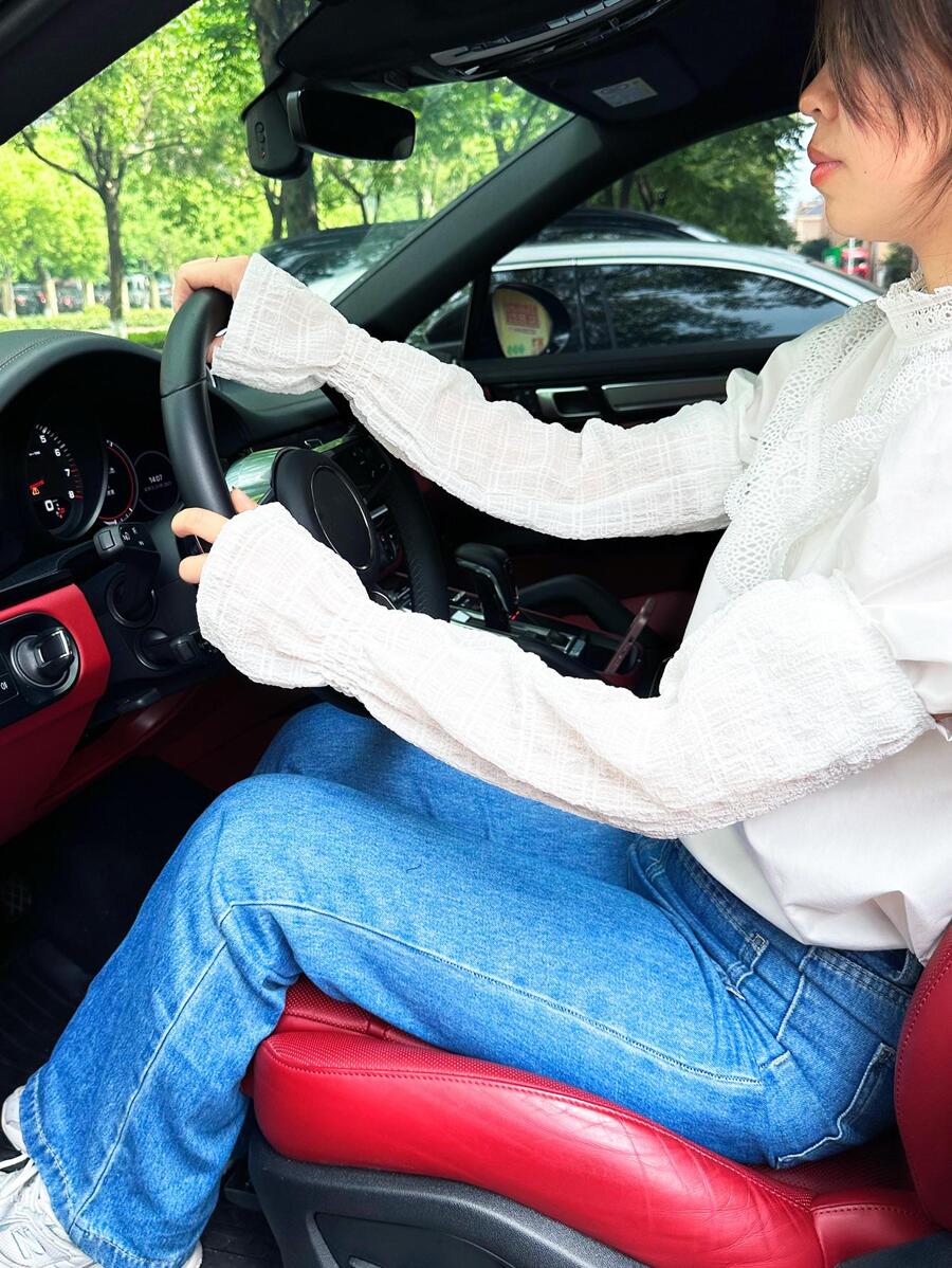 Sun Protective Anti UV White Textured Flounce Cuff Sun Protection Cycling Arm Sleeves - White - View 1