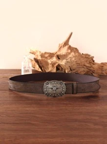 1 件装男士牛头装饰几何带扣复古西部风腰带适合日常生活万圣节 - 卡其色 - 查看 4