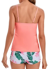 Tropical Print Ruffle Trim Tankini Summer Beach - Pink - View 2