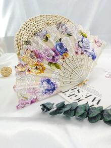 1 件女士玫瑰刺繡手扇塑膠折扇適合中式派對、舞台表演、高級禮品 - 白色 - 查看 3