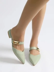 女士金屬裝飾尖頭平底時尚戶外綠色平底鞋