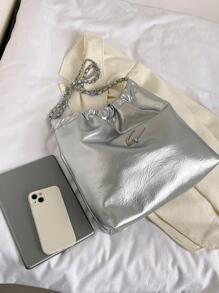 Women's Silver Chain Large Capacity Tote Bag - Silver - View 8