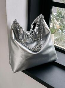 Women's Silver Chain Large Capacity Tote Bag - Silver - View 2