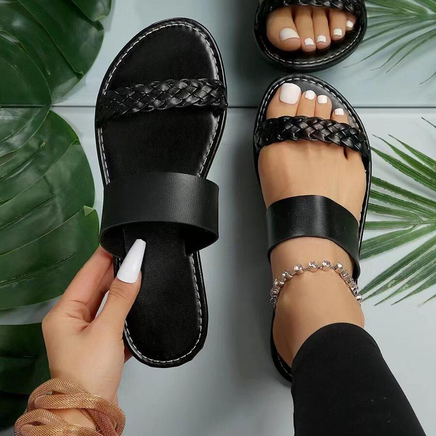 女士編織設計雙帶度假夏天平底涼鞋 - 黑色 - 查看 1