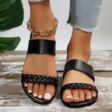 女士編織設計雙帶度假夏天平底涼鞋 - 黑色 - 查看 2